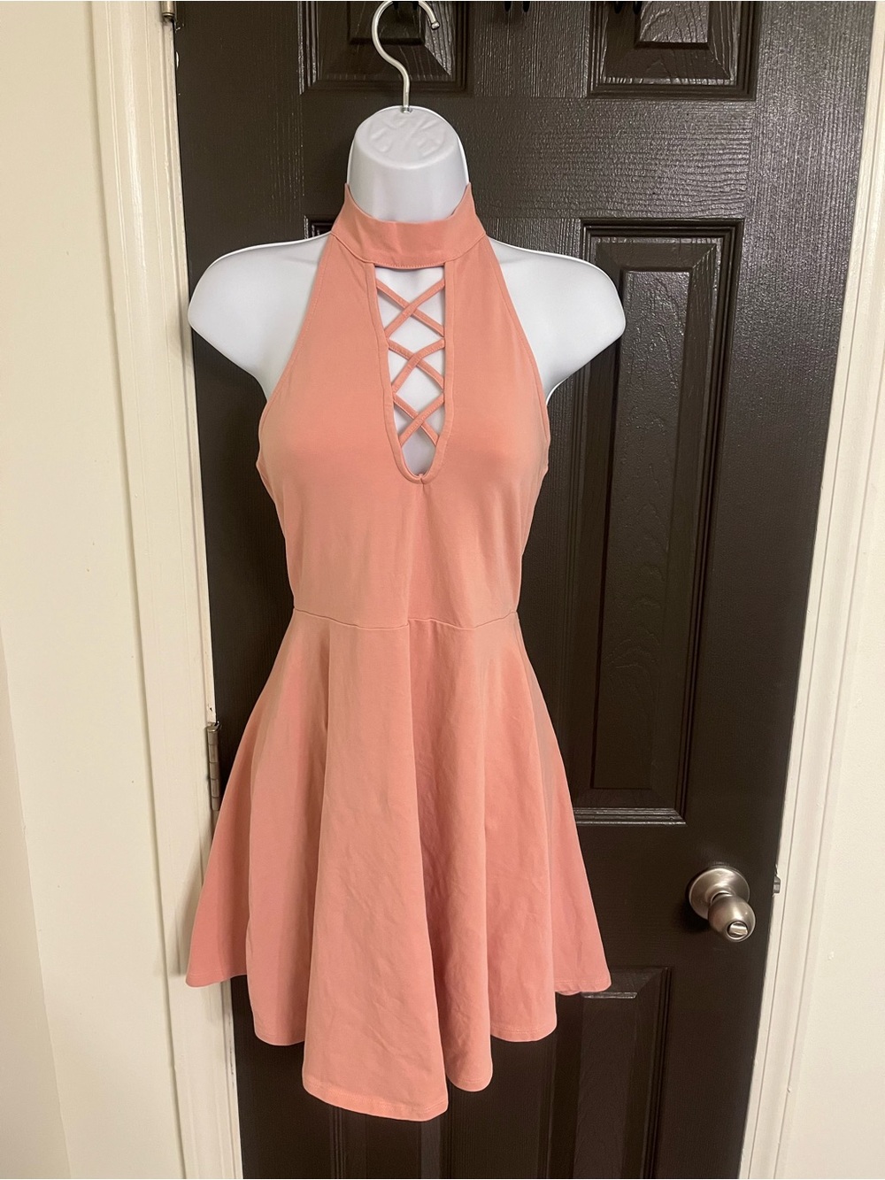 Express Halter Neck Crisscross Fit & Flare Dress in Peach